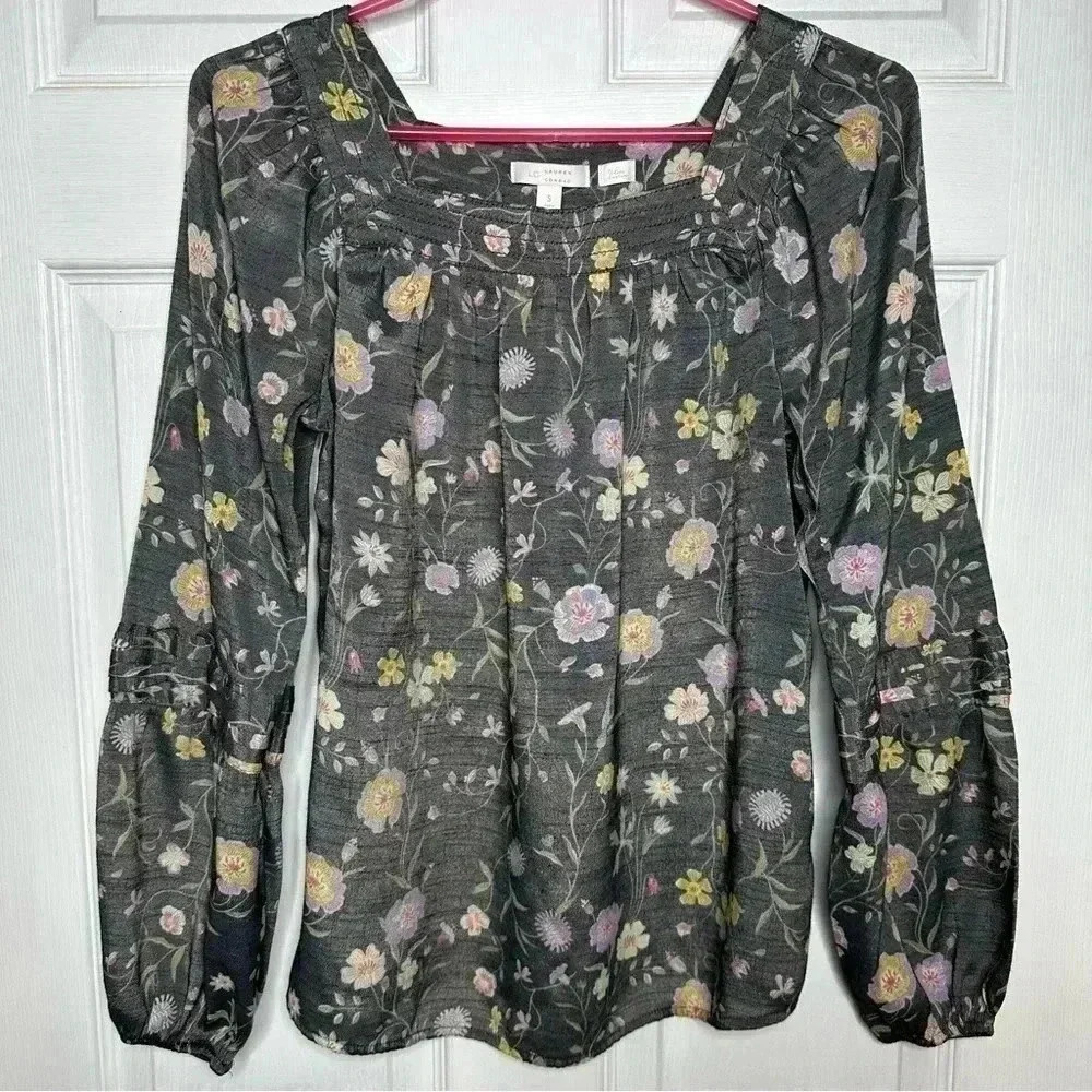 LC Lauren Conrad Blouse Greyish Black Floral Square Neck Flowy Size Small